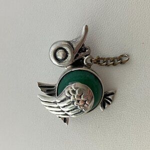 Vintage Sterling Silver Duck Brooch with Green Stone